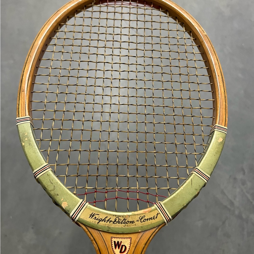 Vintage Wood Green and Ivory Colored Tennis Racquet with Leather Wrapped Handle - Picture 3 of 6